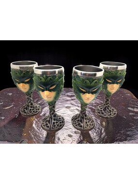 Set of 4 Vintage Pacific Giftware Greenman Wine Goblets, Rustic Woods Forest Spi